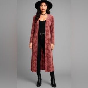 🖤 Velvet Long Pink Patterned Cardigan